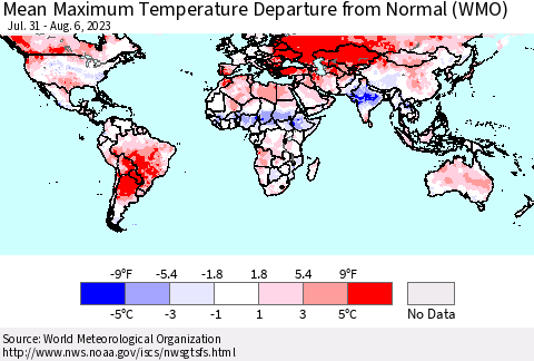World Mean Maximum Temperature Departure from Normal (WMO) Thematic Map For 7/31/2023 - 8/6/2023