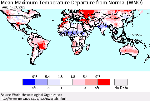 World Mean Maximum Temperature Departure from Normal (WMO) Thematic Map For 8/7/2023 - 8/13/2023