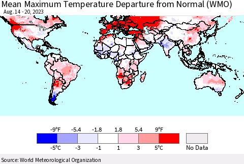World Mean Maximum Temperature Departure from Normal (WMO) Thematic Map For 8/14/2023 - 8/20/2023