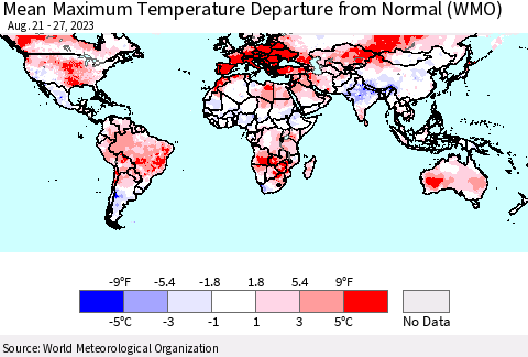 World Mean Maximum Temperature Departure from Normal (WMO) Thematic Map For 8/21/2023 - 8/27/2023