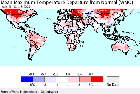 World Mean Maximum Temperature Departure from Normal (WMO) Thematic Map For 8/28/2023 - 9/3/2023