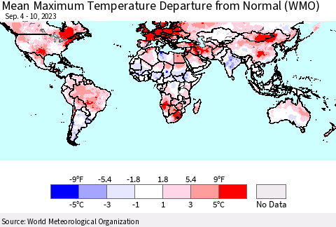 World Mean Maximum Temperature Departure from Normal (WMO) Thematic Map For 9/4/2023 - 9/10/2023