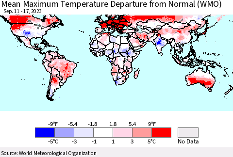 World Mean Maximum Temperature Departure from Normal (WMO) Thematic Map For 9/11/2023 - 9/17/2023