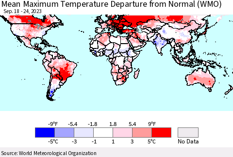 World Mean Maximum Temperature Departure from Normal (WMO) Thematic Map For 9/18/2023 - 9/24/2023