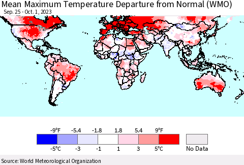 World Mean Maximum Temperature Departure from Normal (WMO) Thematic Map For 9/25/2023 - 10/1/2023