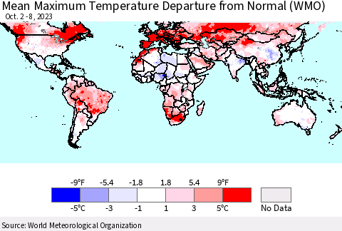 World Mean Maximum Temperature Departure from Normal (WMO) Thematic Map For 10/2/2023 - 10/8/2023