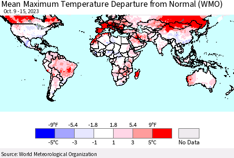 World Mean Maximum Temperature Departure from Normal (WMO) Thematic Map For 10/9/2023 - 10/15/2023