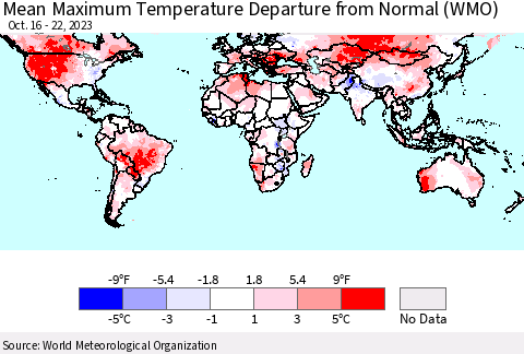 World Mean Maximum Temperature Departure from Normal (WMO) Thematic Map For 10/16/2023 - 10/22/2023