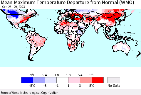 World Mean Maximum Temperature Departure from Normal (WMO) Thematic Map For 10/23/2023 - 10/29/2023