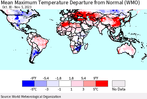 World Mean Maximum Temperature Departure from Normal (WMO) Thematic Map For 10/30/2023 - 11/5/2023