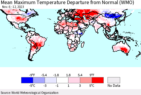 World Mean Maximum Temperature Departure from Normal (WMO) Thematic Map For 11/6/2023 - 11/12/2023