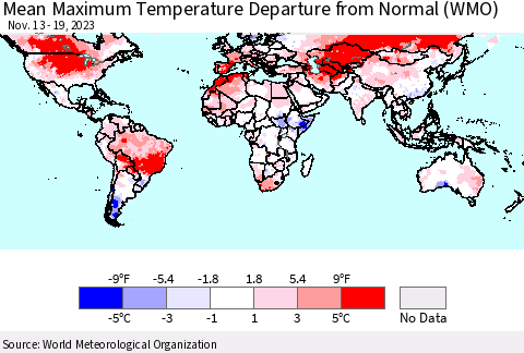 World Mean Maximum Temperature Departure from Normal (WMO) Thematic Map For 11/13/2023 - 11/19/2023