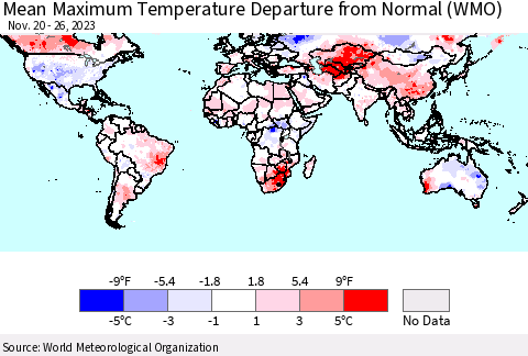 World Mean Maximum Temperature Departure from Normal (WMO) Thematic Map For 11/20/2023 - 11/26/2023