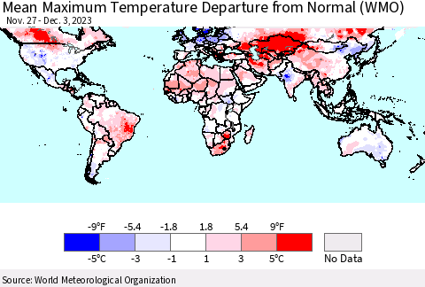 World Mean Maximum Temperature Departure from Normal (WMO) Thematic Map For 11/27/2023 - 12/3/2023