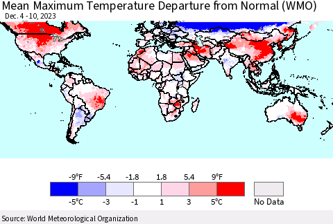 World Mean Maximum Temperature Departure from Normal (WMO) Thematic Map For 12/4/2023 - 12/10/2023