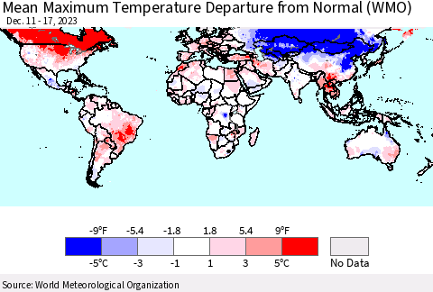 World Mean Maximum Temperature Departure from Normal (WMO) Thematic Map For 12/11/2023 - 12/17/2023