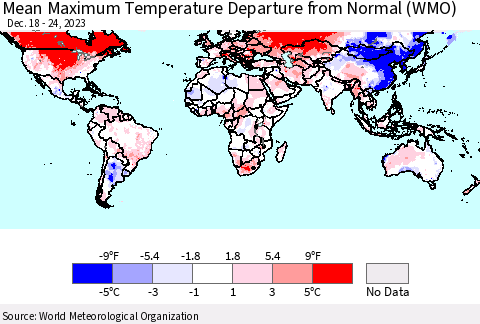 World Mean Maximum Temperature Departure from Normal (WMO) Thematic Map For 12/18/2023 - 12/24/2023