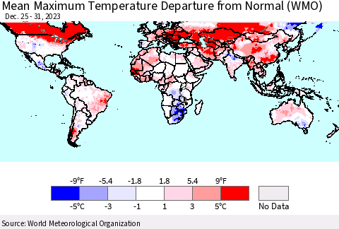 World Mean Maximum Temperature Departure from Normal (WMO) Thematic Map For 12/25/2023 - 12/31/2023