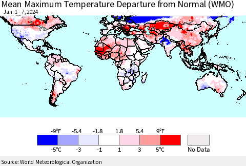 World Mean Maximum Temperature Departure from Normal (WMO) Thematic Map For 1/1/2024 - 1/7/2024