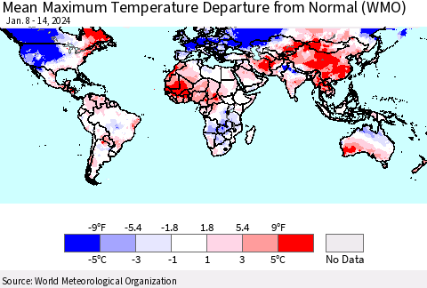 World Mean Maximum Temperature Departure from Normal (WMO) Thematic Map For 1/8/2024 - 1/14/2024