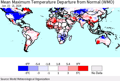 World Mean Maximum Temperature Departure from Normal (WMO) Thematic Map For 1/15/2024 - 1/21/2024