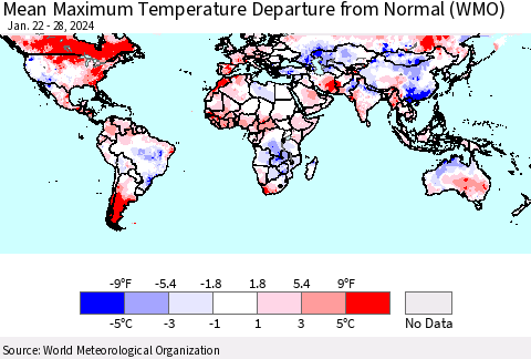 World Mean Maximum Temperature Departure from Normal (WMO) Thematic Map For 1/22/2024 - 1/28/2024