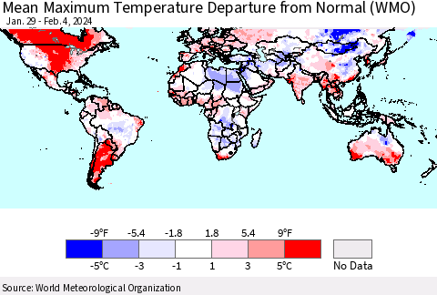 World Mean Maximum Temperature Departure from Normal (WMO) Thematic Map For 1/29/2024 - 2/4/2024