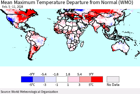 World Mean Maximum Temperature Departure from Normal (WMO) Thematic Map For 2/5/2024 - 2/11/2024