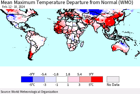 World Mean Maximum Temperature Departure from Normal (WMO) Thematic Map For 2/12/2024 - 2/18/2024