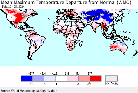 World Mean Maximum Temperature Departure from Normal (WMO) Thematic Map For 2/19/2024 - 2/25/2024
