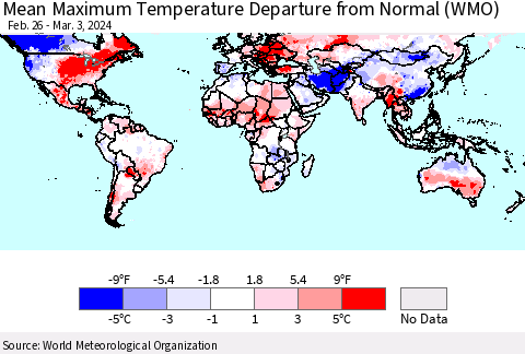 World Mean Maximum Temperature Departure from Normal (WMO) Thematic Map For 2/26/2024 - 3/3/2024