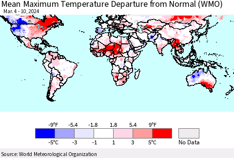 World Mean Maximum Temperature Departure from Normal (WMO) Thematic Map For 3/4/2024 - 3/10/2024