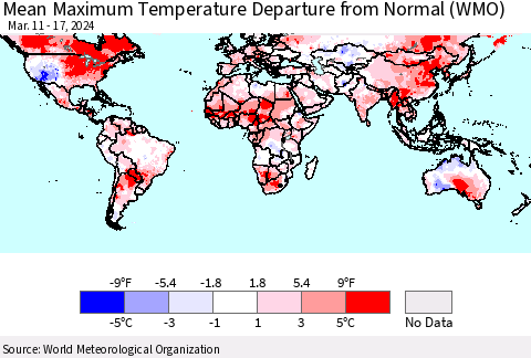 World Mean Maximum Temperature Departure from Normal (WMO) Thematic Map For 3/11/2024 - 3/17/2024