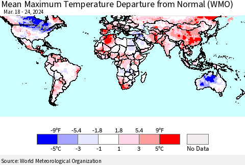 World Mean Maximum Temperature Departure from Normal (WMO) Thematic Map For 3/18/2024 - 3/24/2024