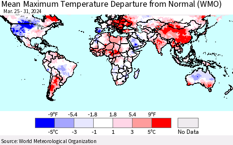 World Mean Maximum Temperature Departure from Normal (WMO) Thematic Map For 3/25/2024 - 3/31/2024