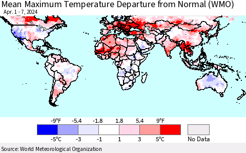 World Mean Maximum Temperature Departure from Normal (WMO) Thematic Map For 4/1/2024 - 4/7/2024