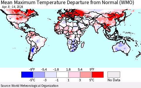 World Mean Maximum Temperature Departure from Normal (WMO) Thematic Map For 4/8/2024 - 4/14/2024