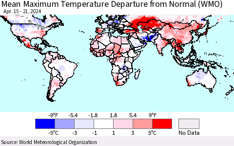 World Mean Maximum Temperature Departure from Normal (WMO) Thematic Map For 4/15/2024 - 4/21/2024