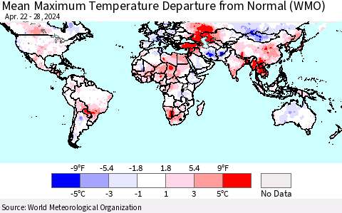 World Mean Maximum Temperature Departure from Normal (WMO) Thematic Map For 4/22/2024 - 4/28/2024