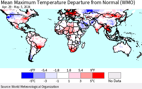 World Mean Maximum Temperature Departure from Normal (WMO) Thematic Map For 4/29/2024 - 5/5/2024