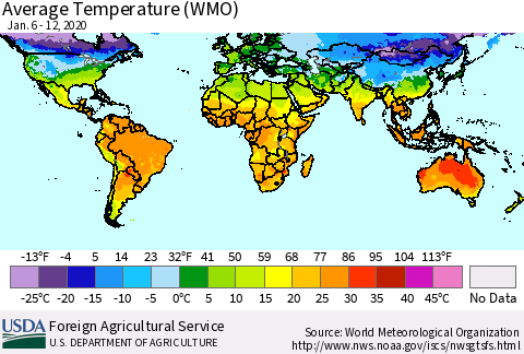 World Average Temperature (WMO) Thematic Map For 1/6/2020 - 1/12/2020