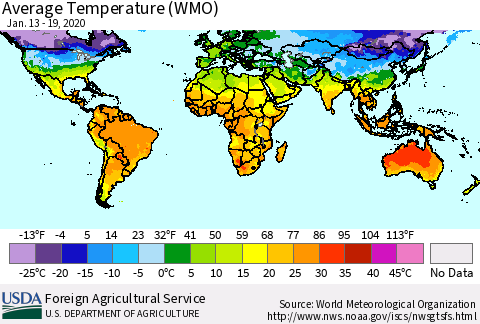 World Average Temperature (WMO) Thematic Map For 1/13/2020 - 1/19/2020