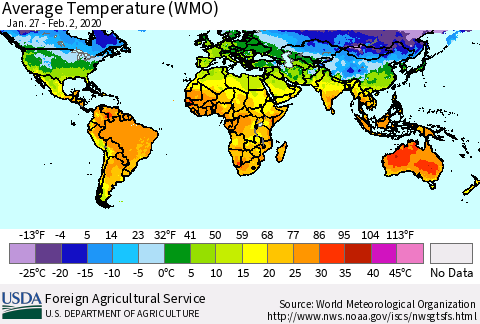 World Average Temperature (WMO) Thematic Map For 1/27/2020 - 2/2/2020