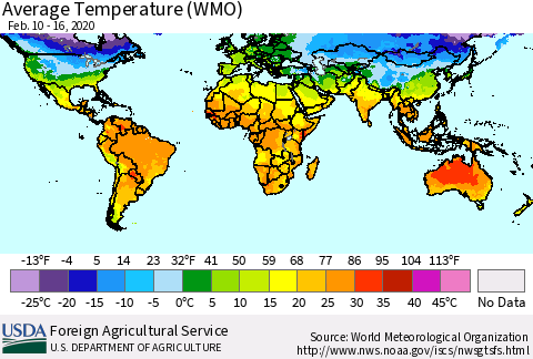 World Average Temperature (WMO) Thematic Map For 2/10/2020 - 2/16/2020