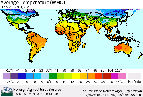 World Average Temperature (WMO) Thematic Map For 2/24/2020 - 3/1/2020