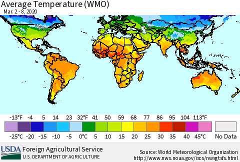 World Average Temperature (WMO) Thematic Map For 3/2/2020 - 3/8/2020