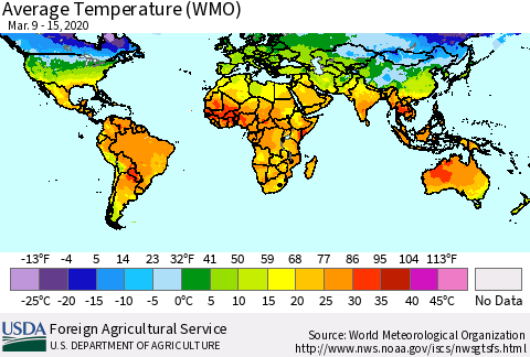World Average Temperature (WMO) Thematic Map For 3/9/2020 - 3/15/2020