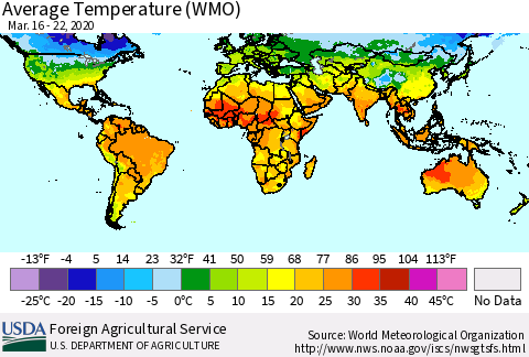 World Average Temperature (WMO) Thematic Map For 3/16/2020 - 3/22/2020