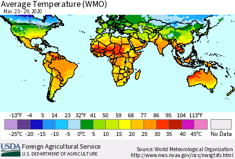 World Average Temperature (WMO) Thematic Map For 3/23/2020 - 3/29/2020