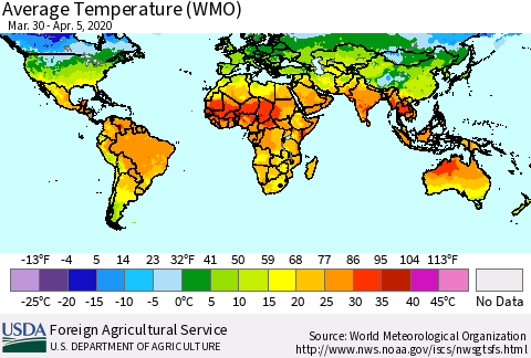 World Average Temperature (WMO) Thematic Map For 3/30/2020 - 4/5/2020
